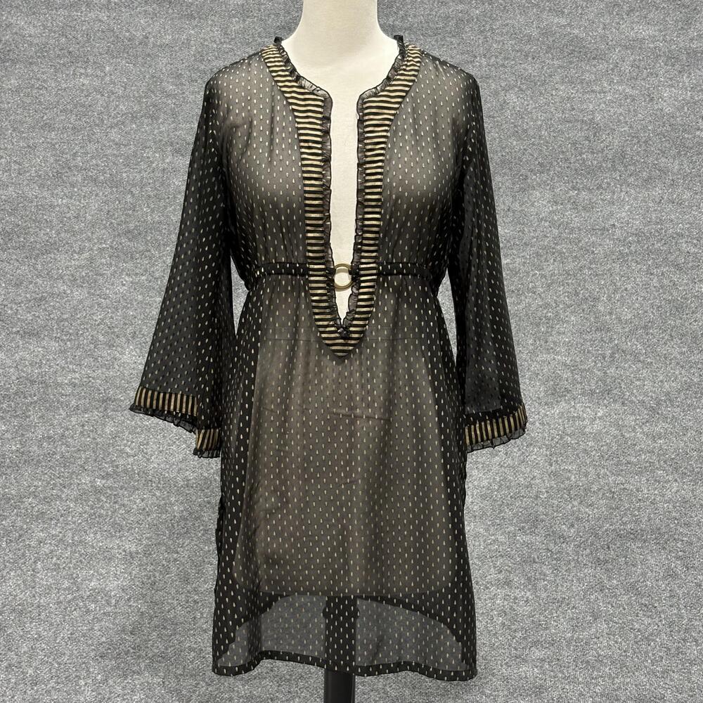 Peppermint Bay Cover Up Tunic Womens Medium Black Gold Sheer V Neck Beach Swim